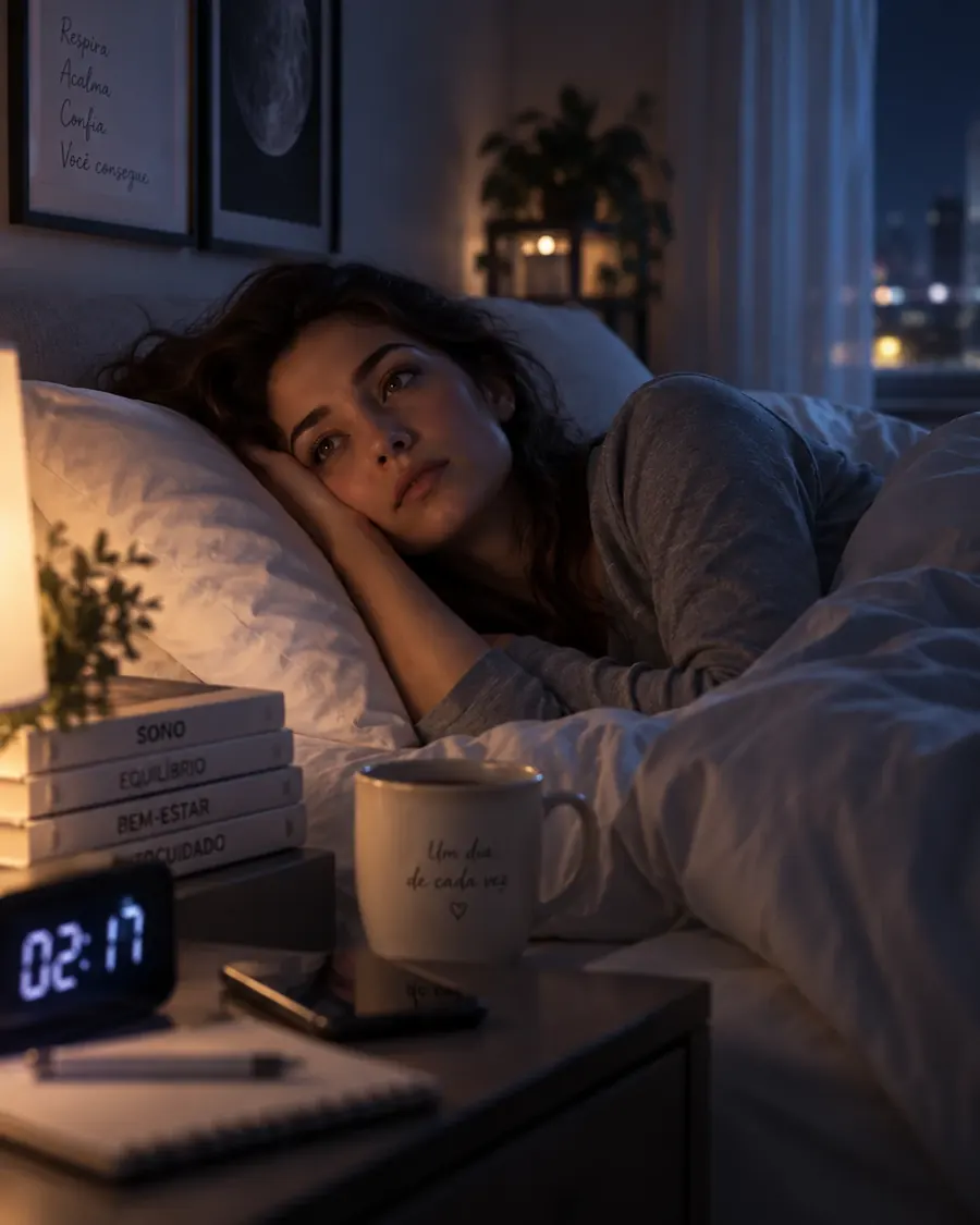 Pessoa acordada à noite, sem conseguir descansar